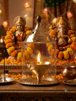Brass Akhand Diya with Glass Cover & Stand – Traditional Pooja Lamp