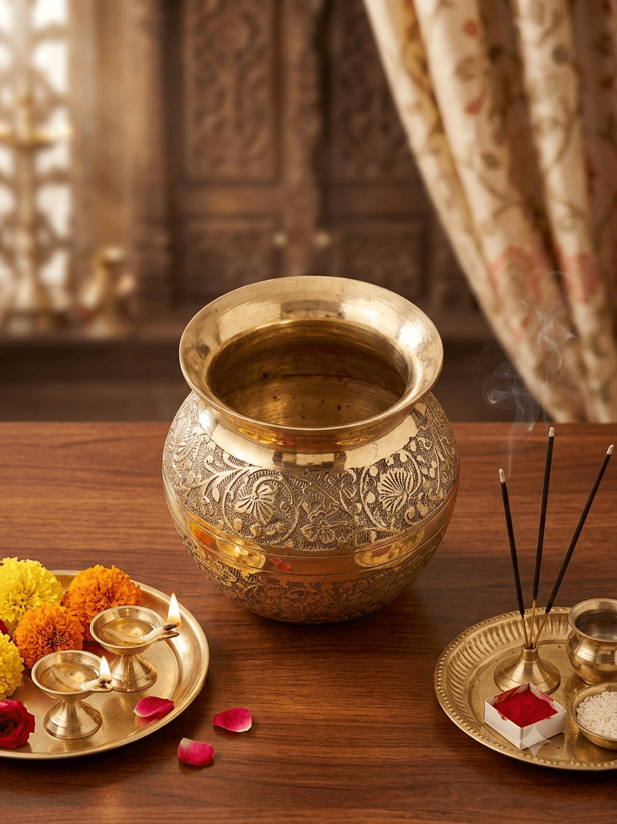 Brass Engraved Embossed Lota / Kalash – Traditional Pooja Kalash