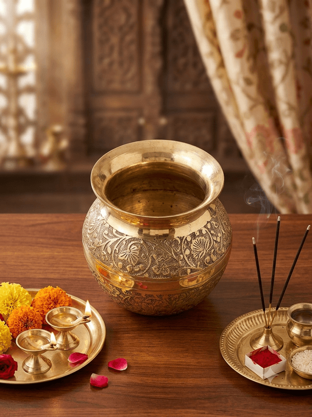 Brass Engraved Embossed Lota / Kalash – Traditional Pooja Kalash