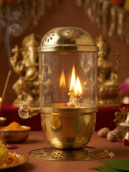 Brass Cylindrical Glass Akhand Diya – Traditional Pooja Lamp