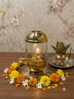 Brass Cylindrical Glass Akhand Diya – Traditional Pooja Lamp