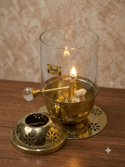 Brass Cylindrical Glass Akhand Diya – Traditional Pooja Lamp