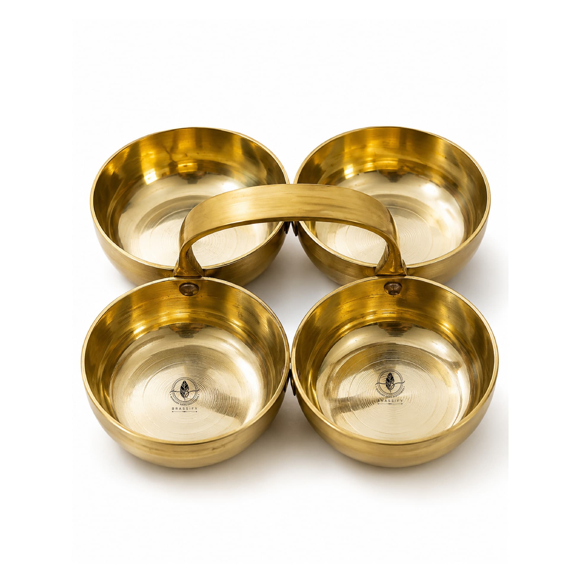 Brassify Pure Brass Chokhra (4 Bowl Serving Set) | Traditional Brass Dry Fruit & Condiment Server with Handle for Pooja & Home Decor