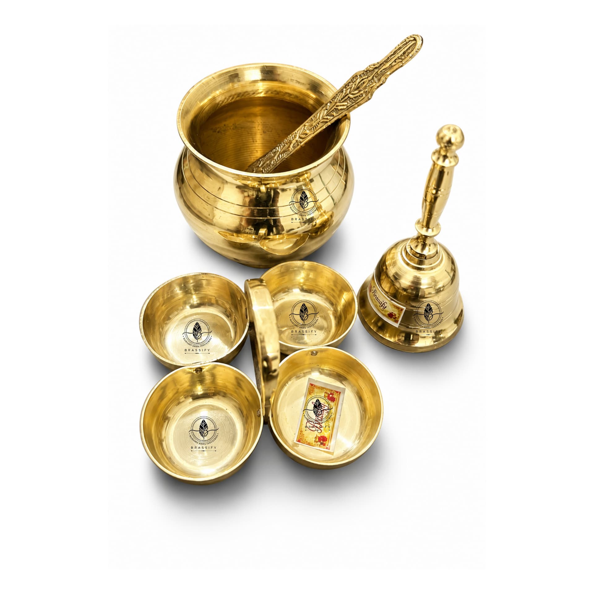 Brassify Premium Brass Pooja Essentials Set | Brass Bell, Pooja Lota with Spoon & Chokhre