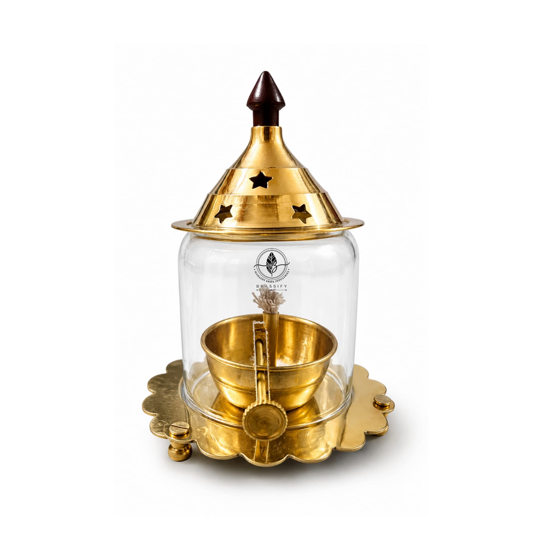 Brassify Home Genie Brass Akhand Jyot with Glass Cover & Dome Lid | Pure Brass Oil Diya for Mandir, Pooja & Aarti