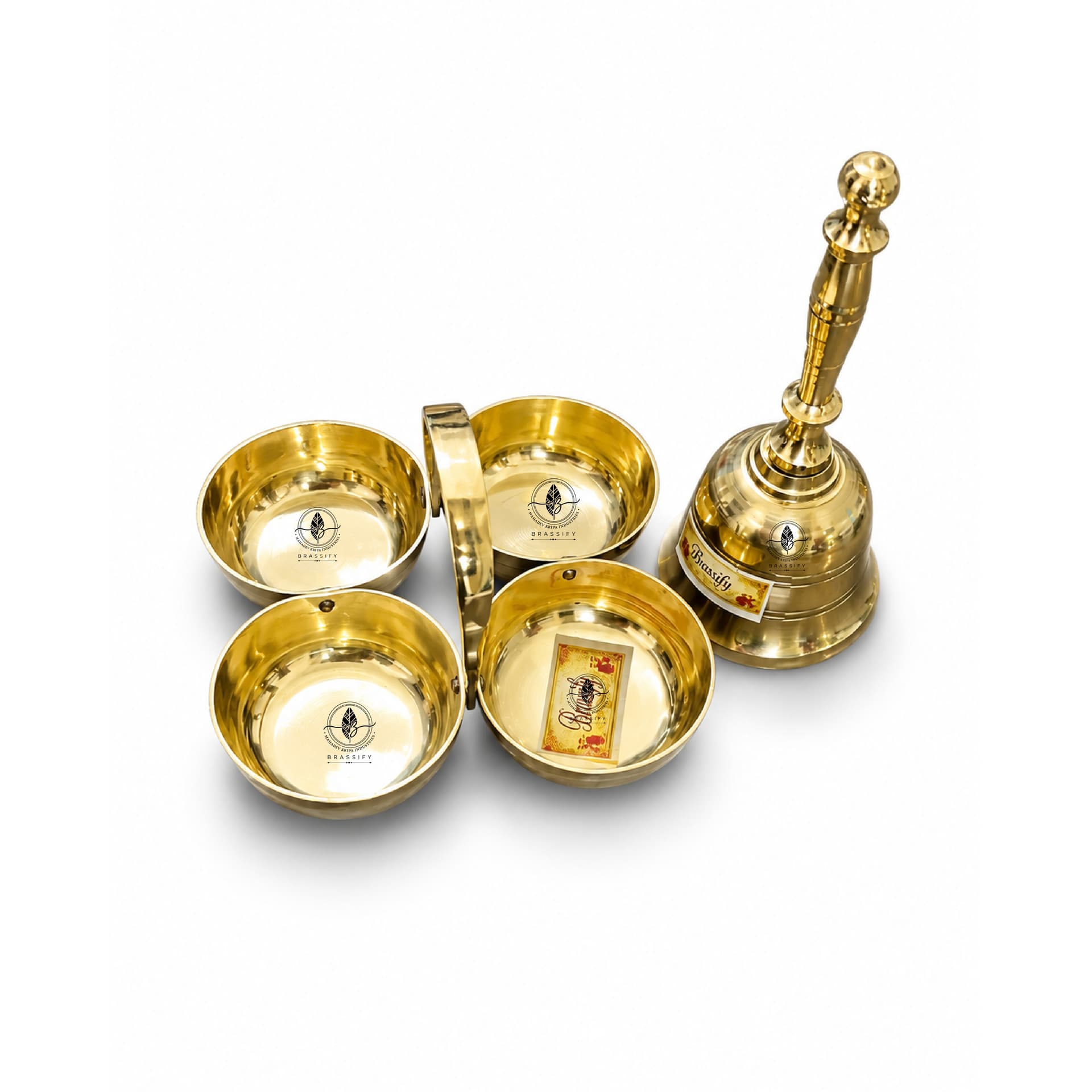 Brassify Pure Brass 4 Chokhre with Hand Bell Set | Traditional Brass Pooja Essentials for Home Mandir