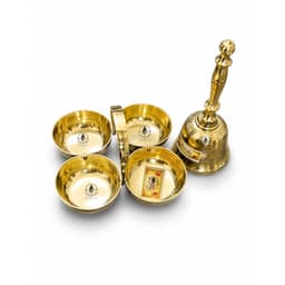 Brassify Pure Brass 4 Chokhre with Hand Bell Set | Traditional Brass Pooja Essentials for Home Mandir