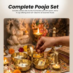 Brassify Pure Brass 4 Chokhre with Hand Bell Set | Traditional Brass Pooja Essentials for Home Mandir