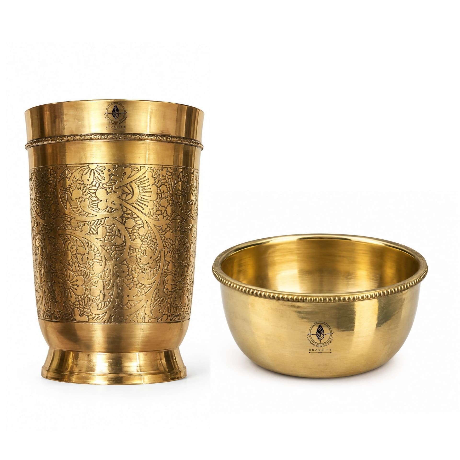Brassify Handcrafted Pure Brass Glass & Bowl Set | Traditional Brass Drinking Glass with Multipurpose Brass Bowl