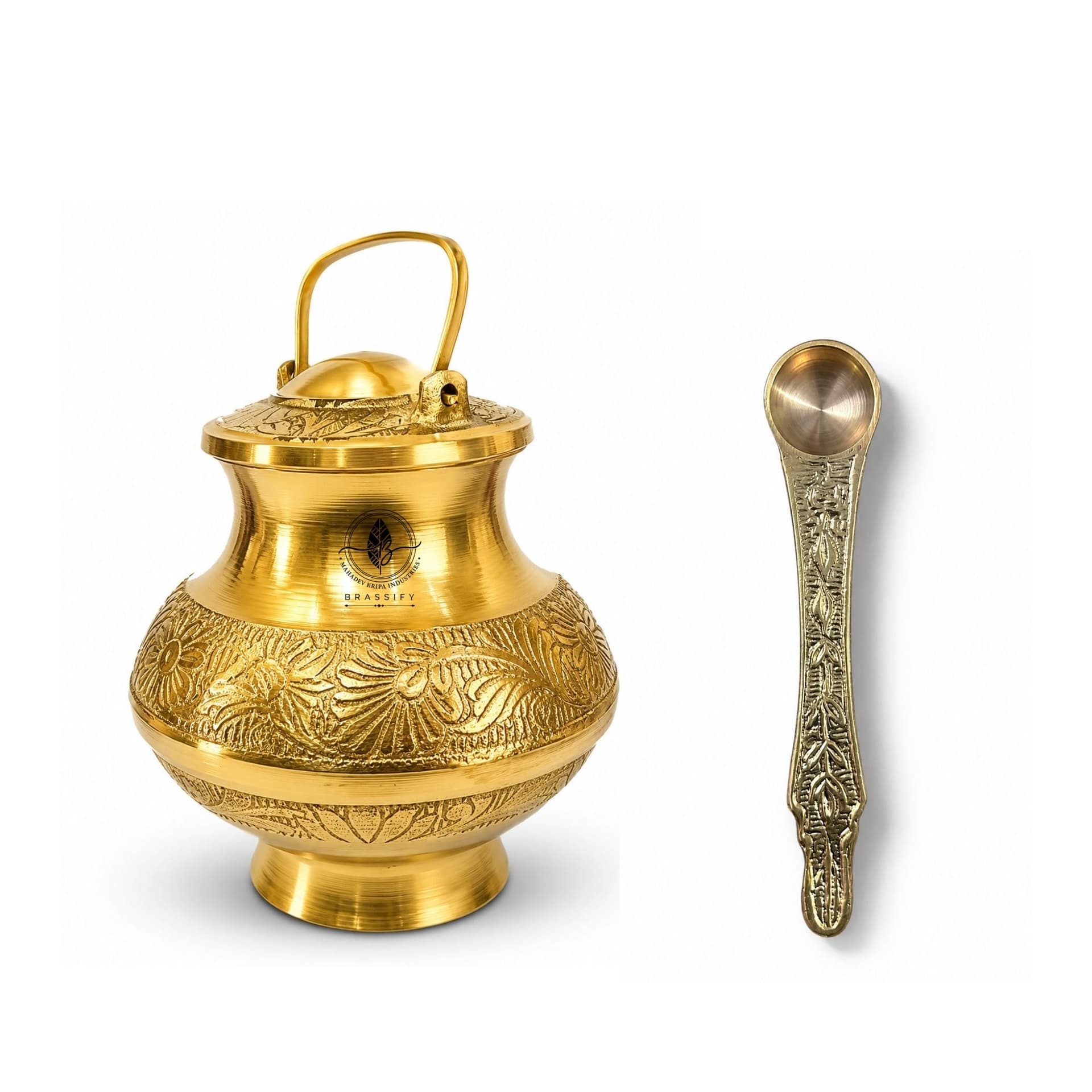 Brassify Pure Brass Gangajal Kalash with Brass Spoon | Holy Water Pot for Pooja, Abhishek & Temple Rituals