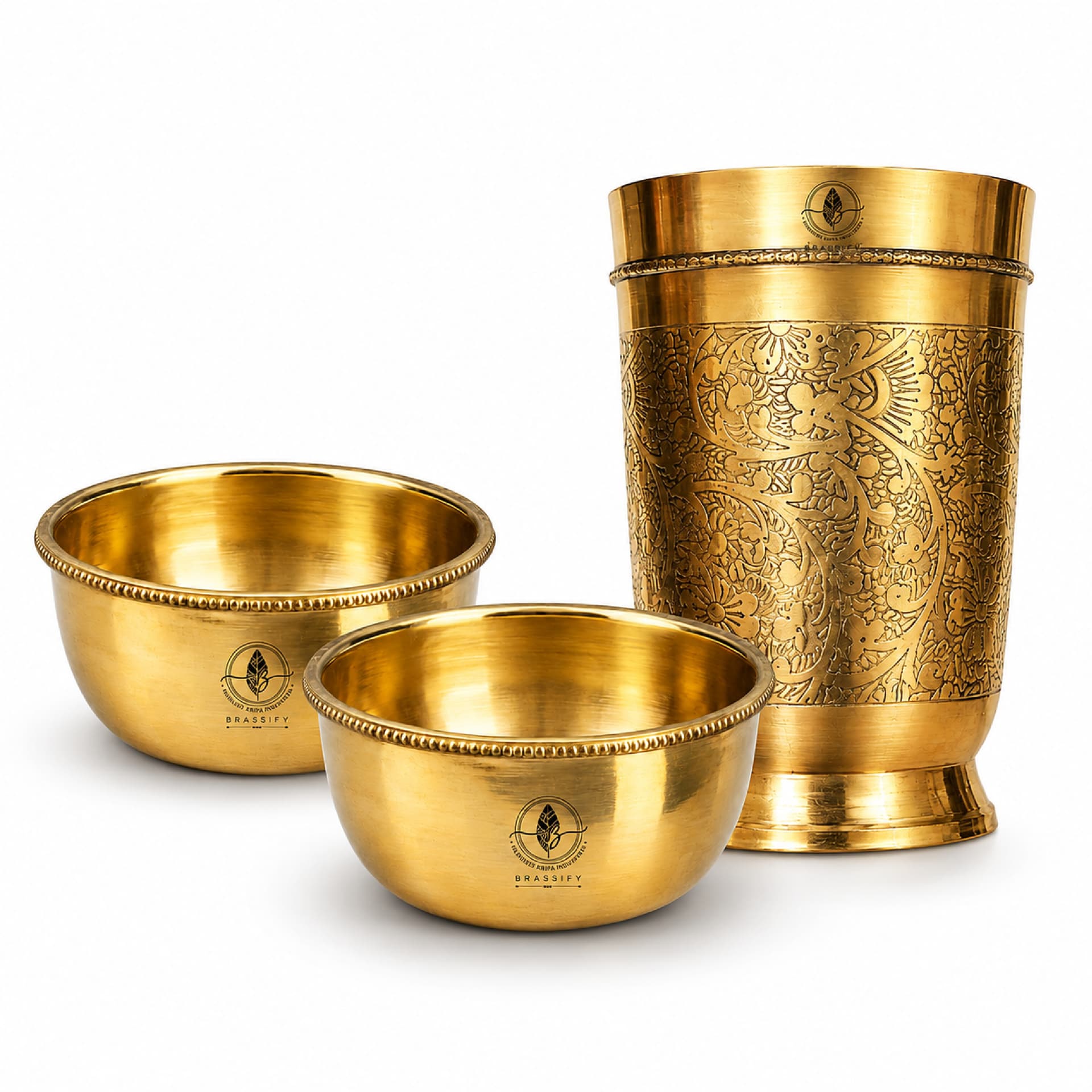 Brassify Pure Brass Drinking Glass with 2 Brass Bowls Set | Traditional Brass Water Glass & Katori Set for Home, Dining & Pooja