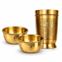 Brassify Pure Brass Drinking Glass with 2 Brass Bowls Set | Traditional Brass Water Glass & Katori Set for Home, Dining & Pooja