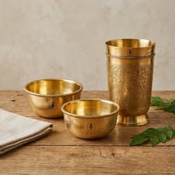 Brassify Pure Brass Drinking Glass with 2 Brass Bowls Set | Traditional Brass Water Glass & Katori Set for Home, Dining & Pooja