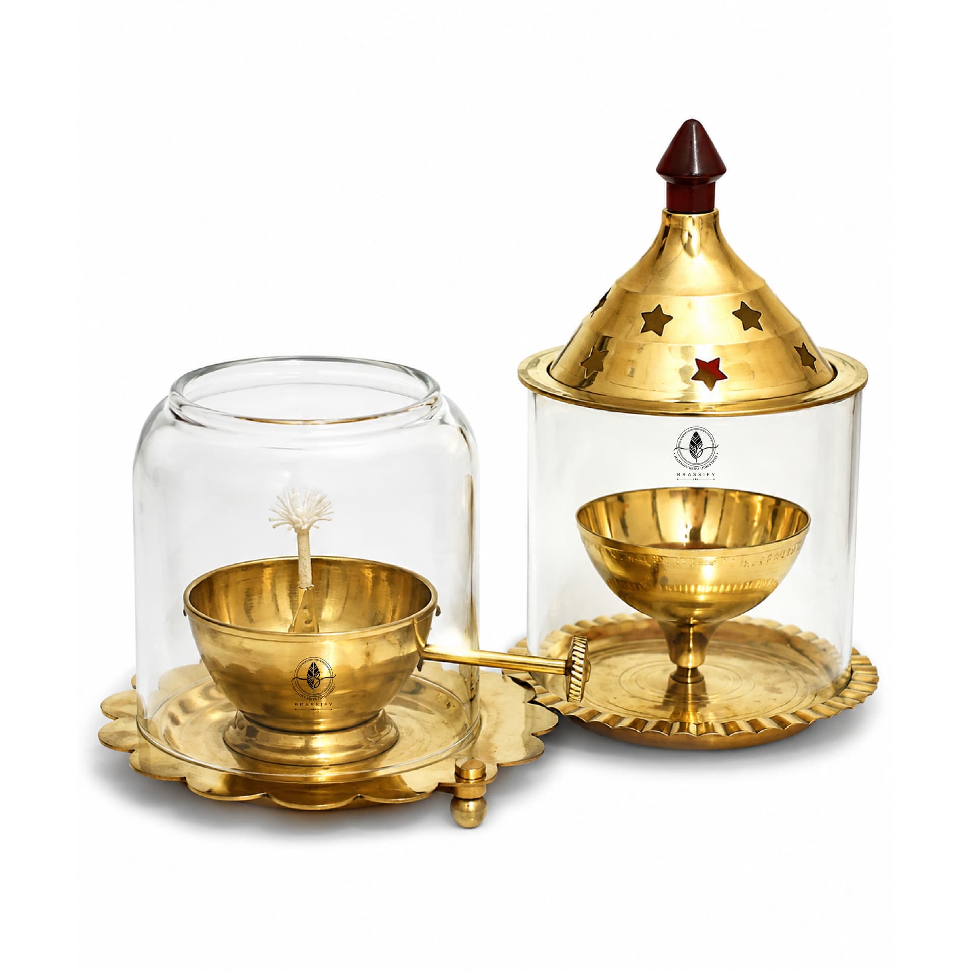 Brassifyl Premium Brass Dhoop & Incense Burner Set with Glass Covers | Traditional Brass Puja Décor