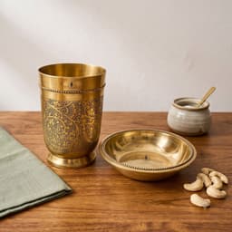 BRASSIFYL Handcrafted Brass Tumbler & Serving Bowl Set | Engraved Brass Drinkware & Dining Set | Traditional Indian Tableware