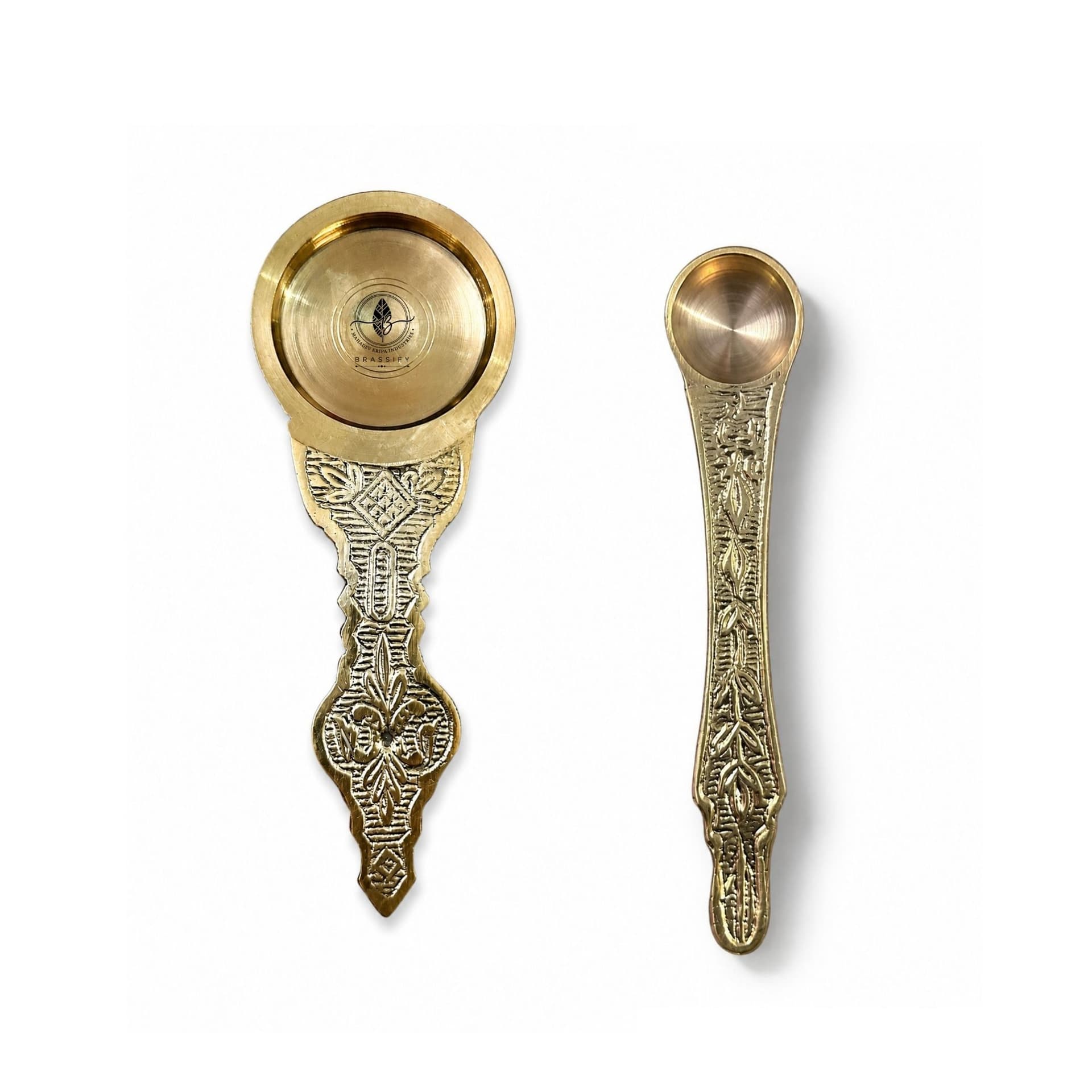 Brassifyl Brass Pooja Spoon Set | Traditional Embossed Puja Samagri Spoons for Kumkum, Rice, Ghee & Hindu Rituals