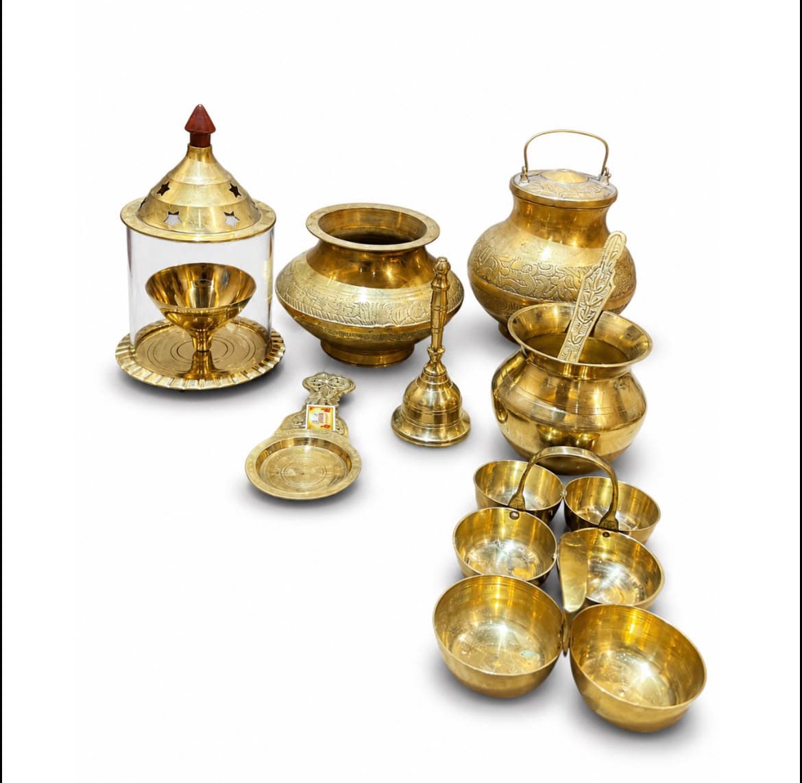 Brassify Premium Brass Pooja Set, Handcrafted Brass Diya, Incense Holder, Kalash and Pooja Accessories, Traditional Indian Home Temple Decor, Peetal Diya Deepak, Peetal Kalash Lota, Dhoop Dani