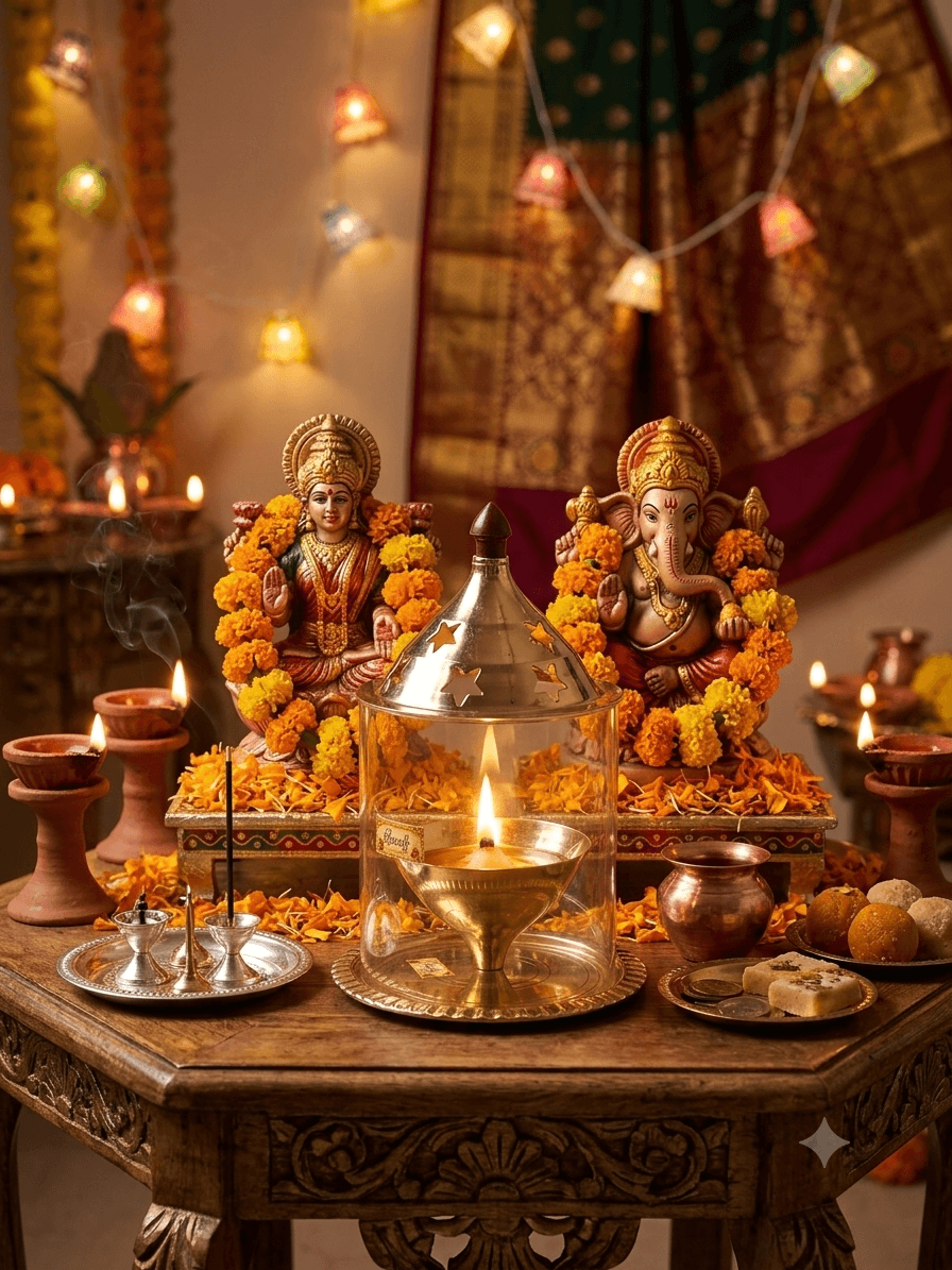 Brass Akhand Diya with Glass Cover & Stand – Traditional Pooja Lamp
