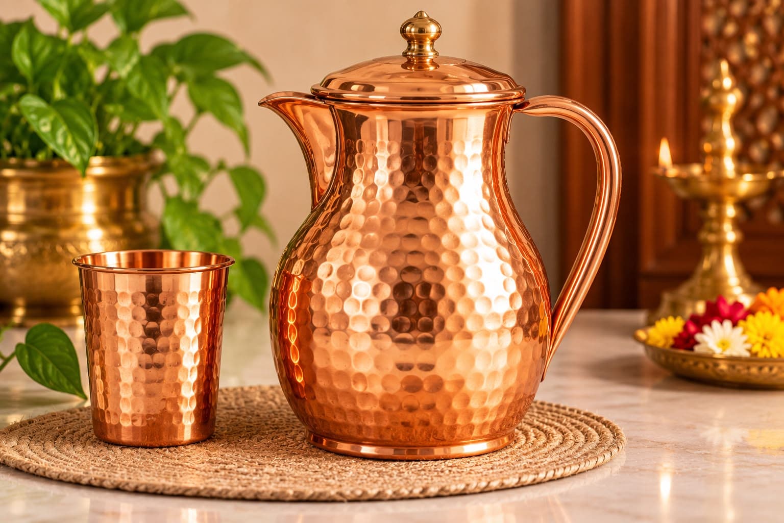 Handcrafted Hammered Pure Copper Water Jug