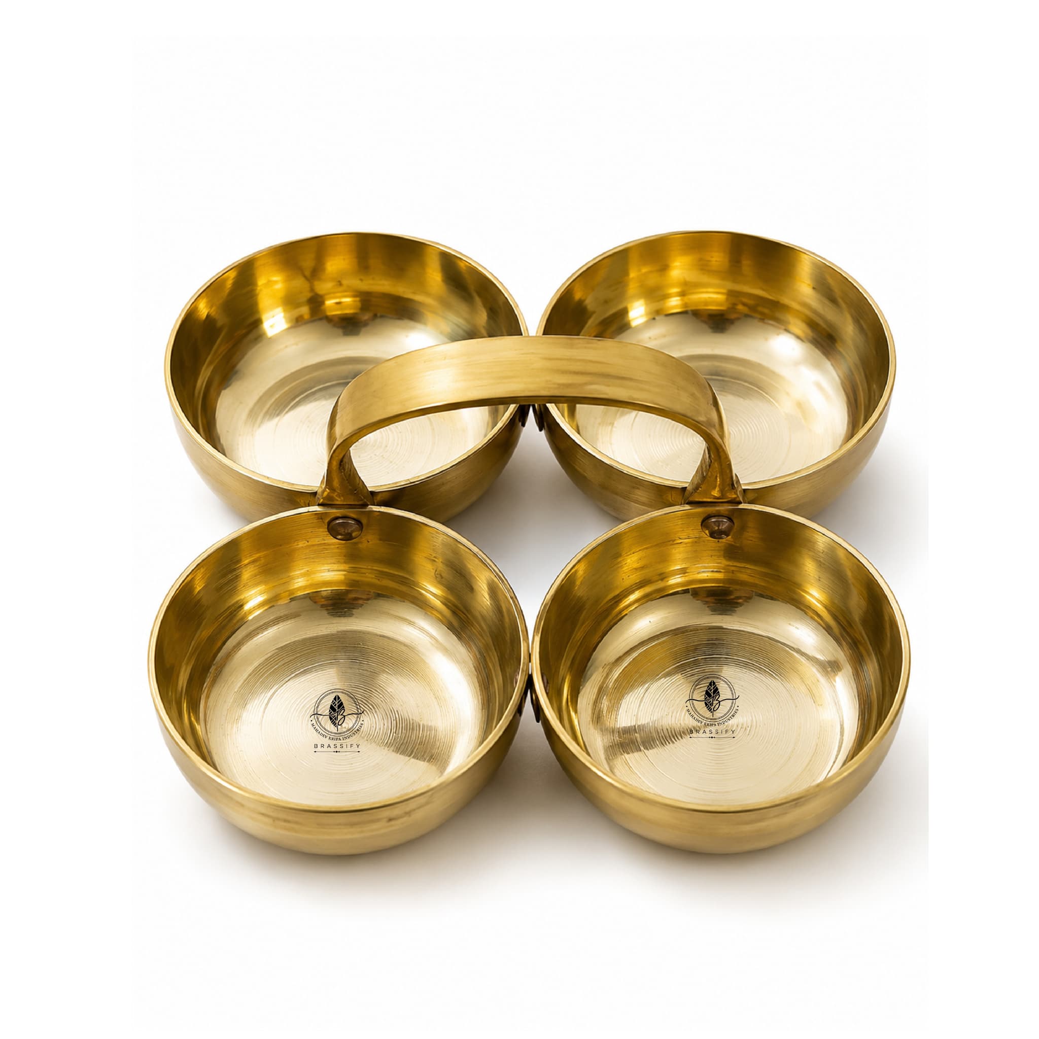 Brassify Pure Brass Chokhra (4 Bowl Serving Set) | Traditional Brass Dry Fruit & Condiment Server with Handle for Pooja & Home Decor
